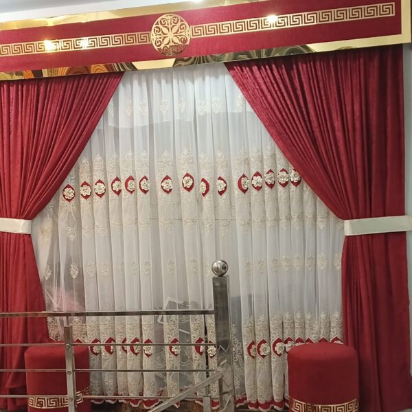 Luxury Maroon & White Embroidered Curtain Set with Decorative Valance
