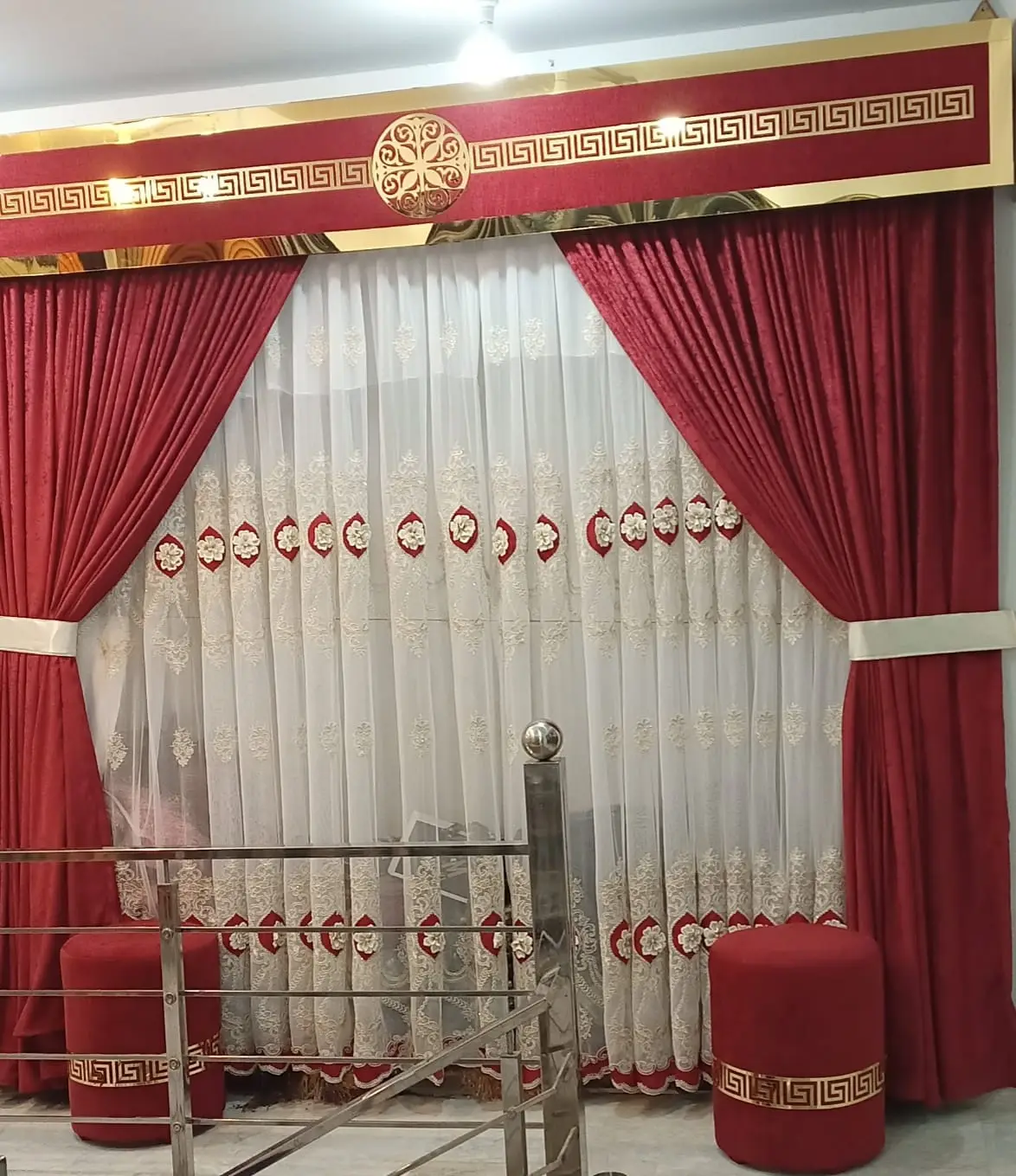 473072741_122179013180062631_3118330400958204302_n Luxury Maroon & White Embroidered Curtain Set with Decorative Valance - Image 1