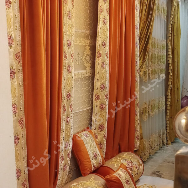 Luxury Maroon & White Embroidered Curtain Set with Decorative Valance